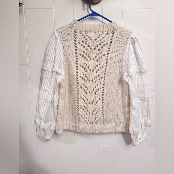 Sea New York Emma Eyelet Combo Sweater Cream Wool Alpaca Cottage Ruffle Boho L - Picture 3 of 7